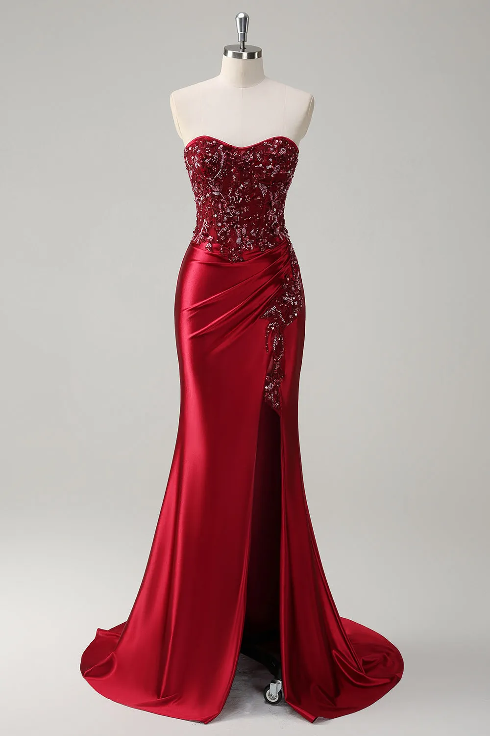 Mermaid Burgundy Strapless Sequin Long Prom Dress with Beading sold by Zapaka