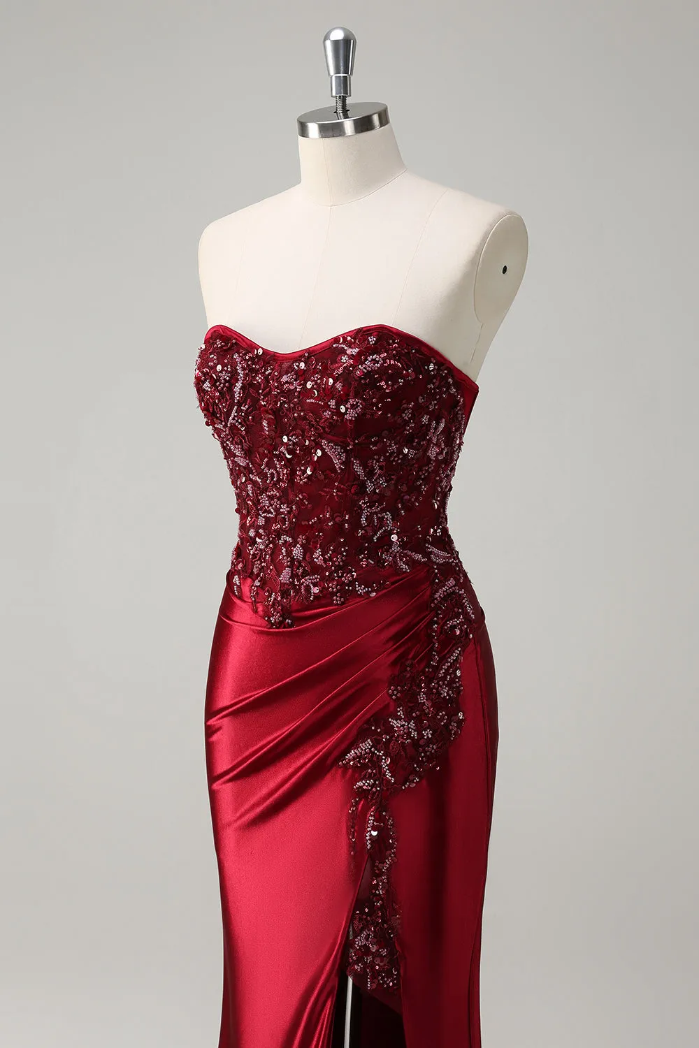 Mermaid Burgundy Strapless Sequin Long Prom Dress with Beading sold by Zapaka product image thumbnail 5