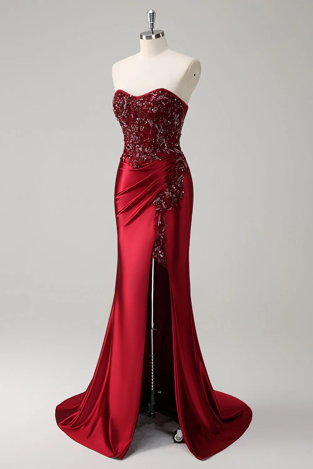 Mermaid Burgundy Strapless Sequin Long Prom Dress with Beading sold by Zapaka product image thumbnail 3