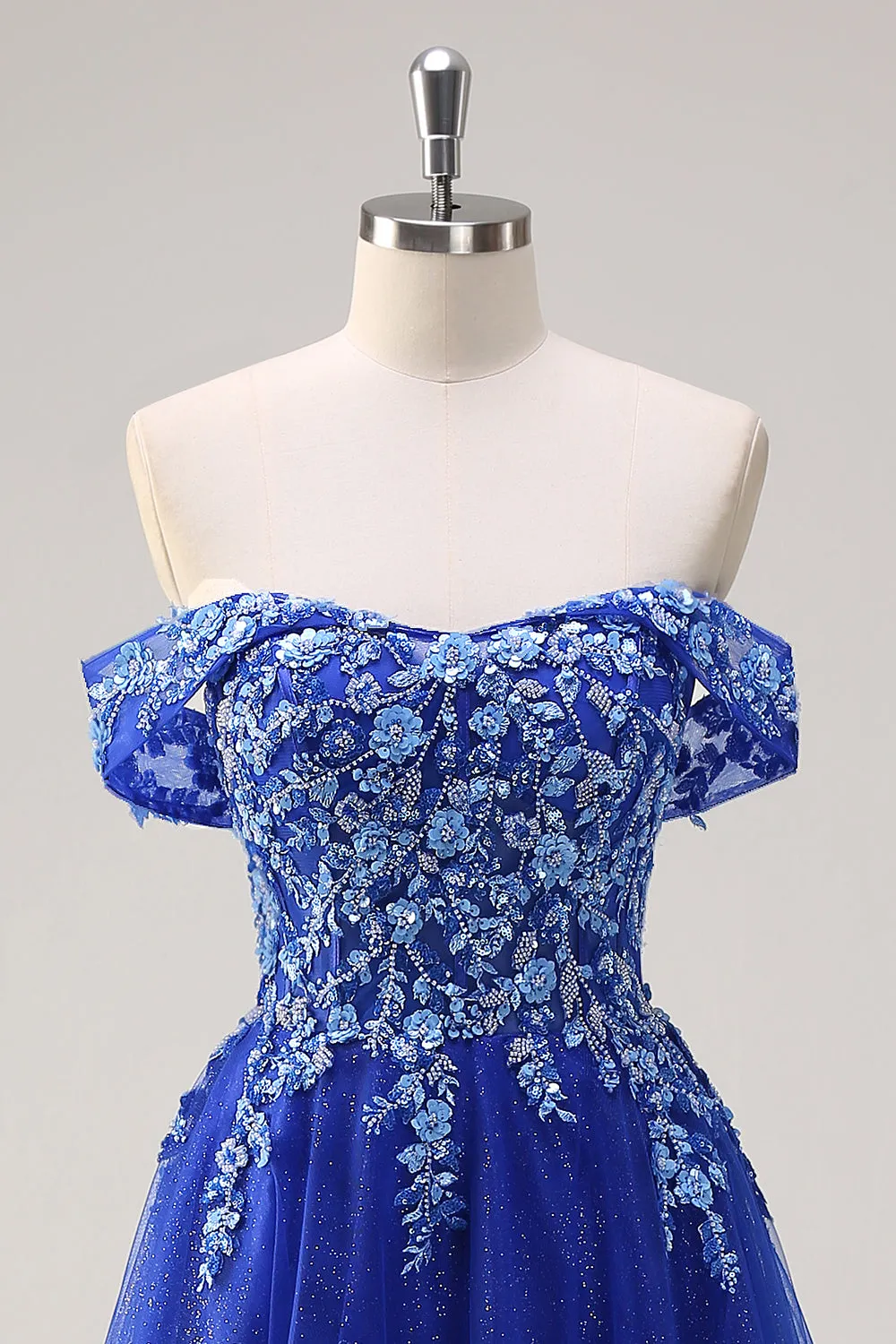 Royal Blue Tulle A-Line Off the Shoulder Sparkly Applique Long Prom Dress with Beading sold by Zapaka product image thumbnail 4