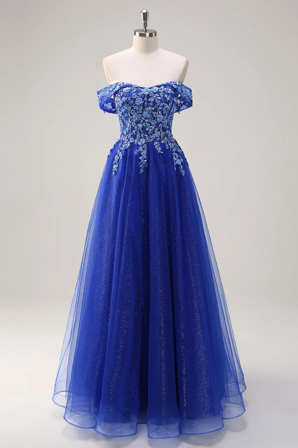 Royal Blue Tulle A-Line Off the Shoulder Sparkly Applique Long Prom Dress with Beading sold by Zapaka