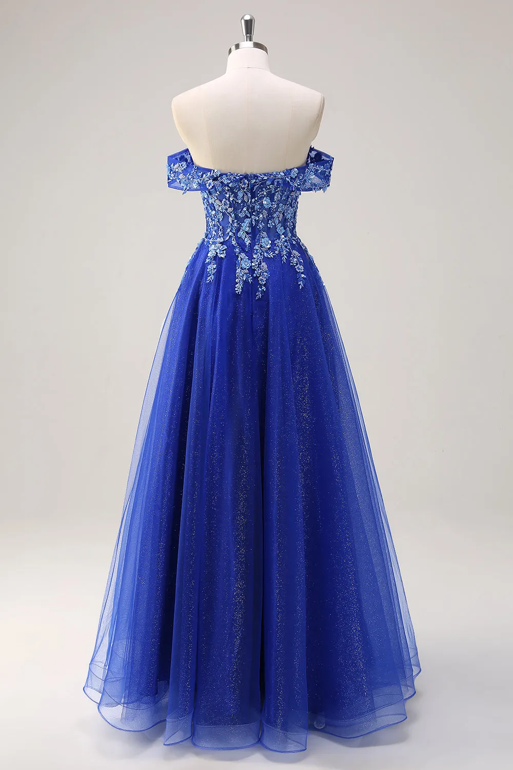 Royal Blue Tulle A-Line Off the Shoulder Sparkly Applique Long Prom Dress with Beading sold by Zapaka product image thumbnail 2