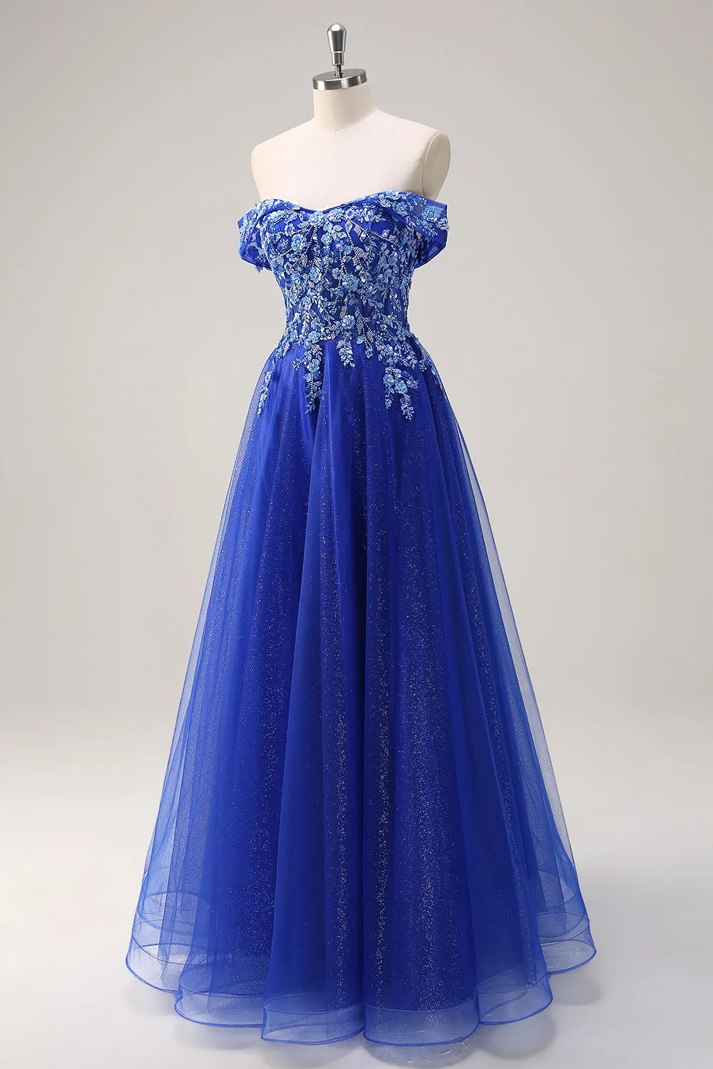 Royal Blue Tulle A-Line Off the Shoulder Sparkly Applique Long Prom Dress with Beading sold by Zapaka product image thumbnail 3