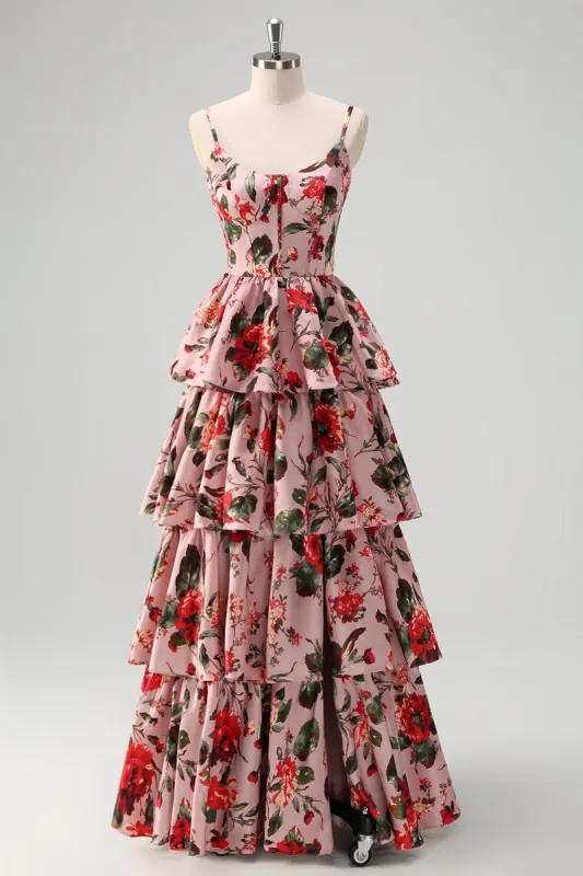 A Line Tiered Grey Pink Spaghetti Straps Floral Long Prom Dress sold by Zapaka