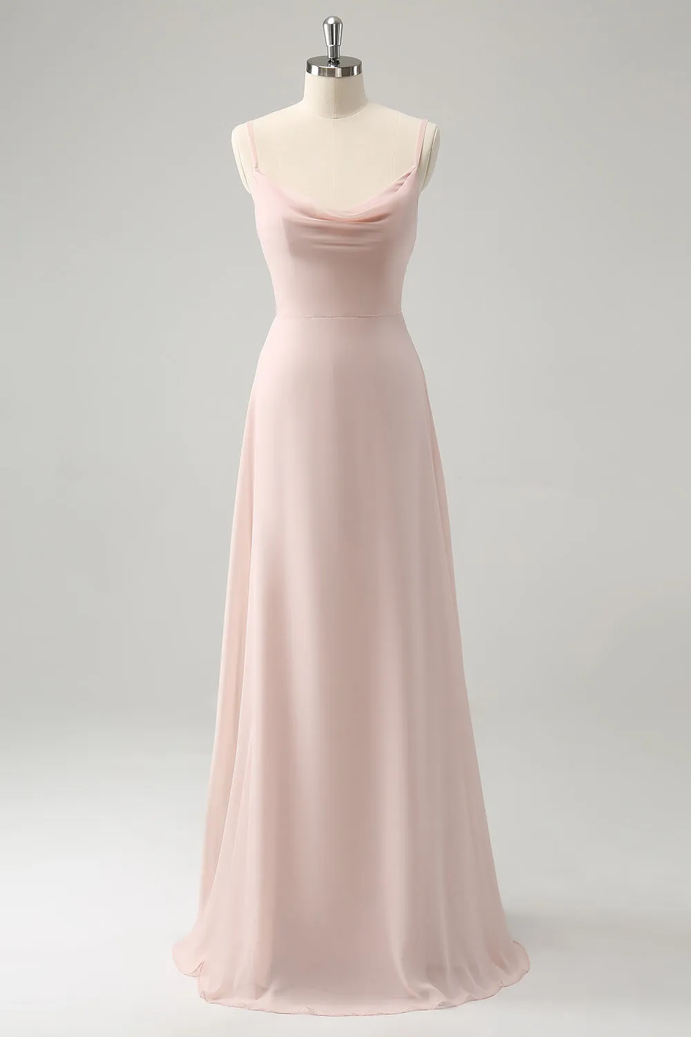 Pink Spaghetti Straps Cowl Neck Chiffon Bridesmaid Dress sold by Zapaka