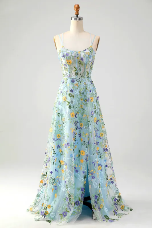 Blue Flower A Line Spaghetti Straps Corset Embroidered Prom Dress with Slit sold by Zapaka