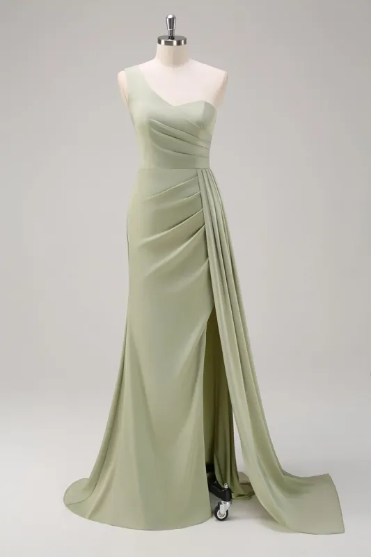 Sage One Shoulder Satin Side Streamer Mermaid Bridesmaid Dress with Slit sold by Zapaka