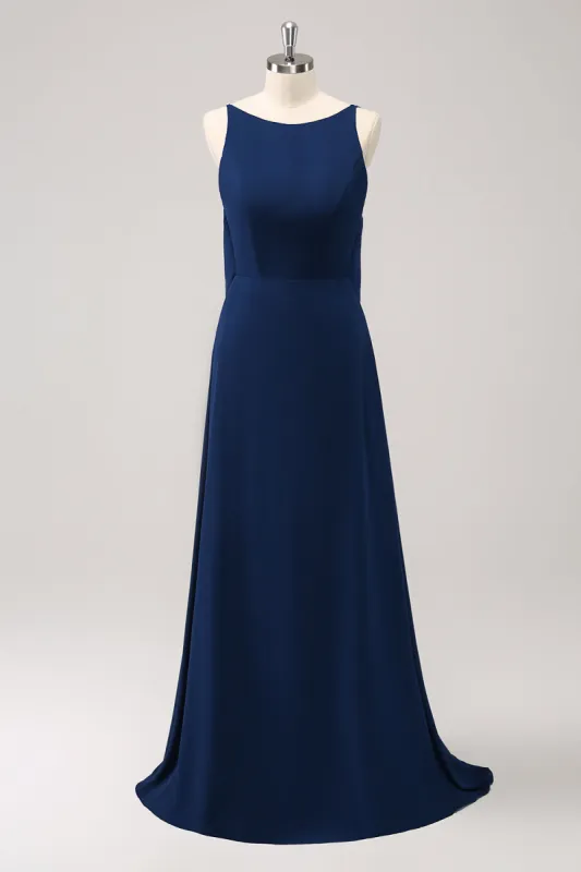 Navy Cowl Back A-Line Long Bridesmaid Dress sold by Zapaka