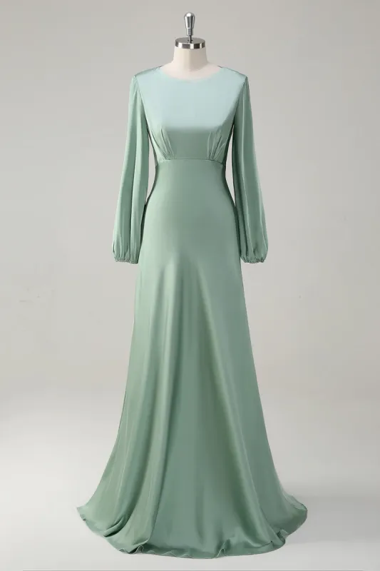 A Line Round Neck Long Sleeves Sage Bridesmaid Dress sold by Zapaka