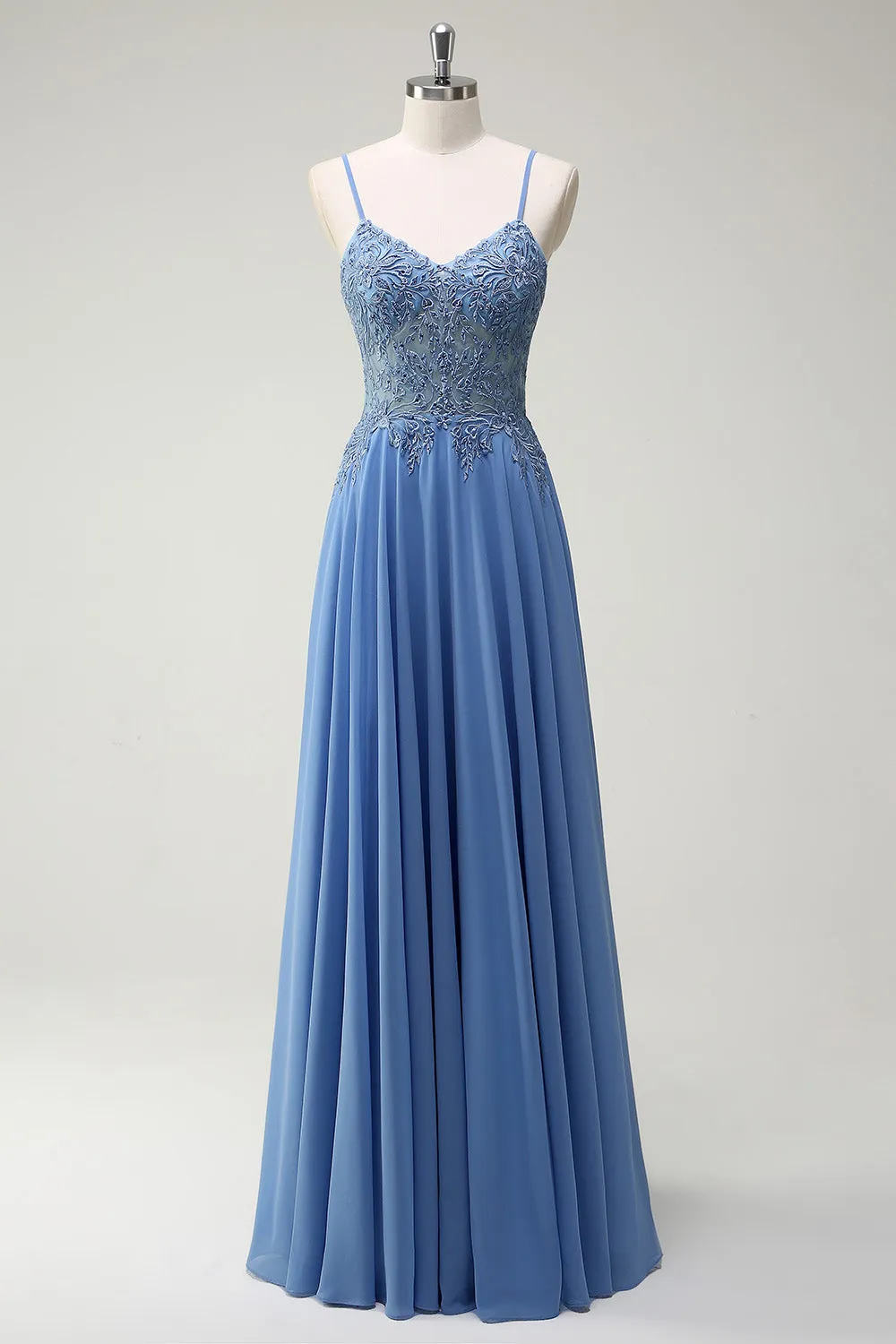 A Line Spaghetti Straps Pleated Long Prom Dress with Appliques sold by Zapaka