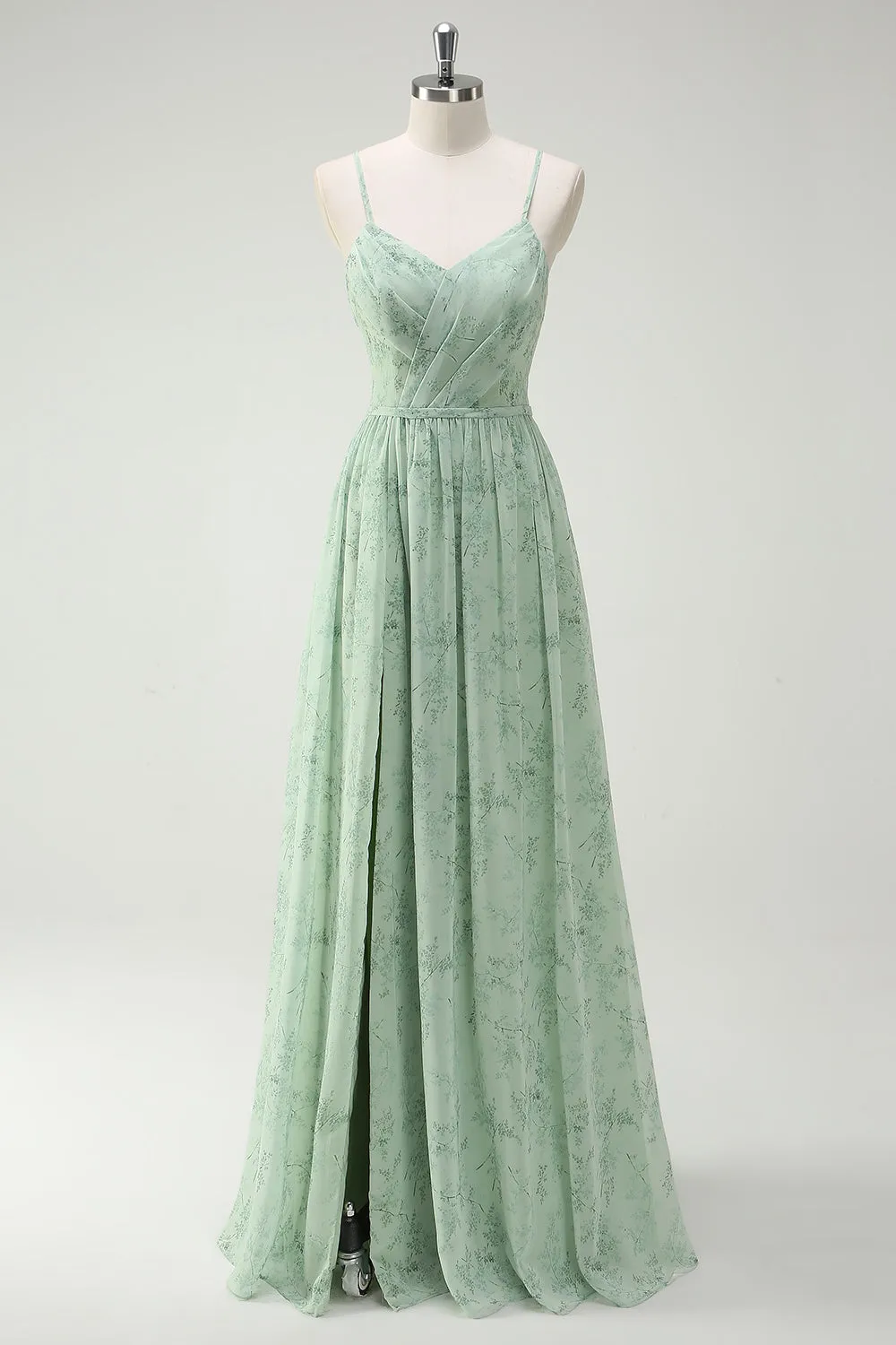 Dusty Sage A Line Spaghetti Straps Long Bridesmaid Dress With Slit sold by Zapaka