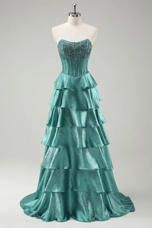 Tiered Ruffles Peacock Green Strapless Long Prom Dress with Beading sold by Zapaka