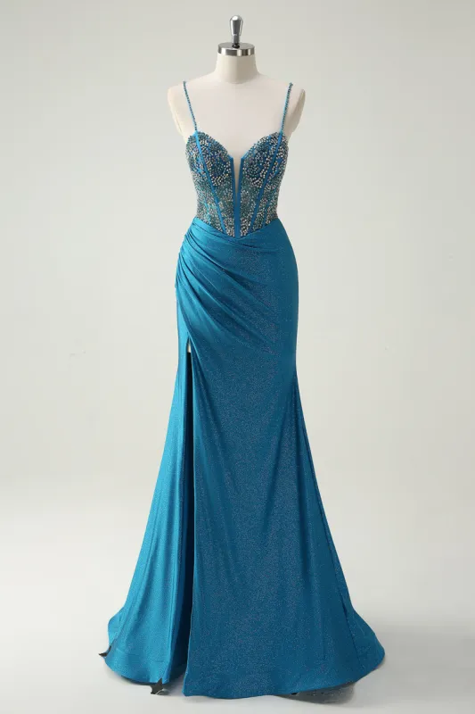 Sparkly Blue Spaghetti Straps V-Neck Ruched Long Prom Dress with Beading sold by Zapaka