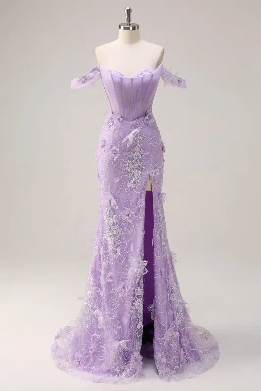 Lilac Off the Shoulder Mermaid 3D Flowers Long Corset Prom Dress with Slit sold by Zapaka