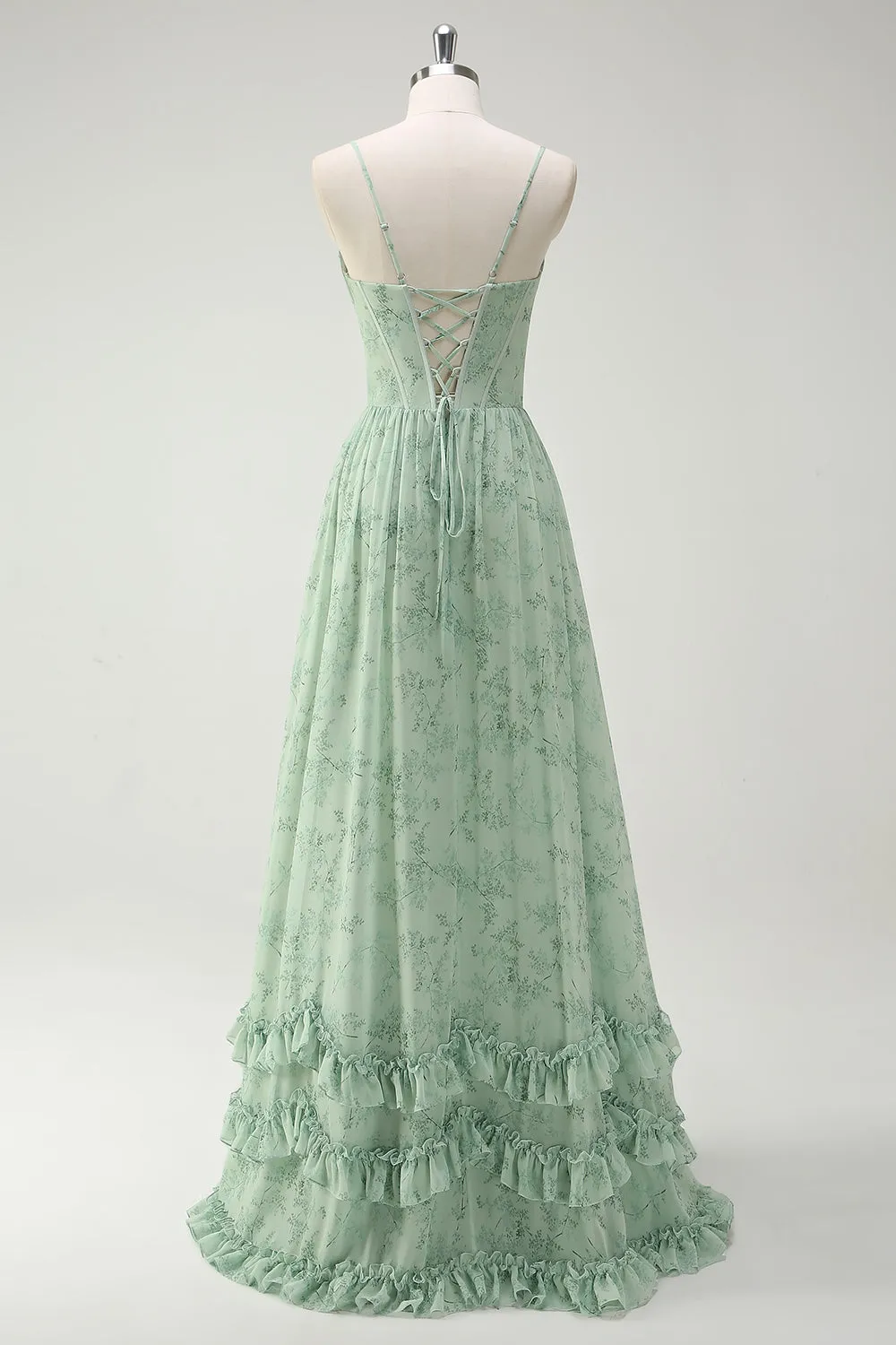 Green Flowers A-Line Spaghetti Straps Print Long Bridesmaid Dress with Slit sold by Zapaka product image thumbnail 2