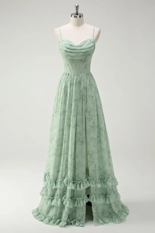 Green Flowers A-Line Spaghetti Straps Print Long Bridesmaid Dress with Slit sold by Zapaka