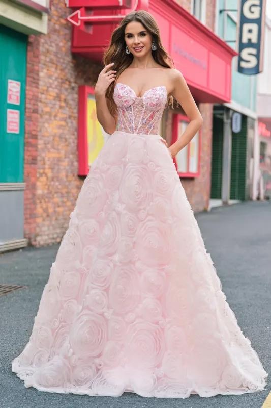 Sparkly Princess Pink Strapless Sequin Corset Floral Long Prom Dress With Pockets sold by Zapaka
