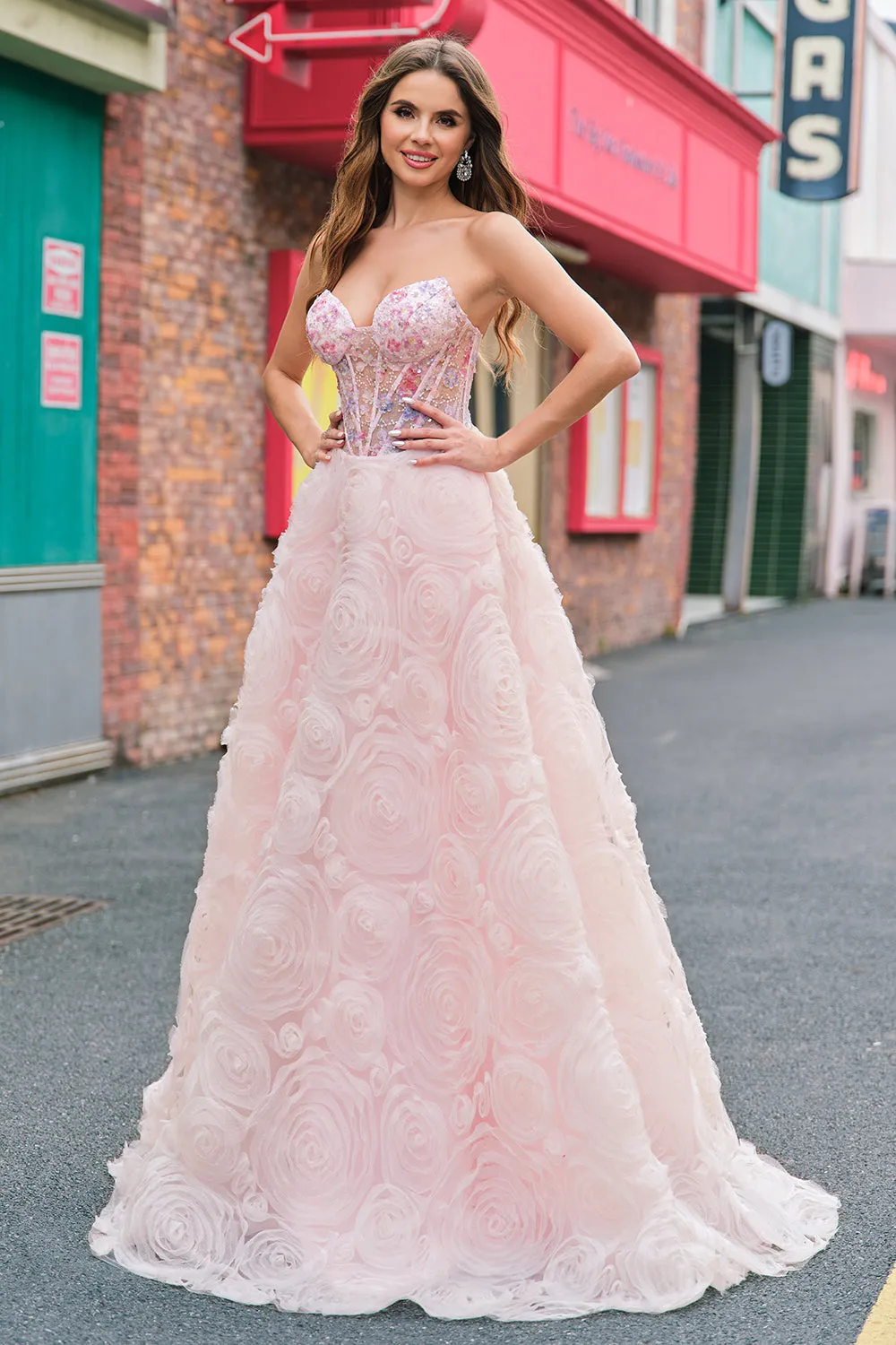 Sparkly Princess Pink Strapless Sequin Corset Floral Long Prom Dress With Pockets sold by Zapaka product image thumbnail 3