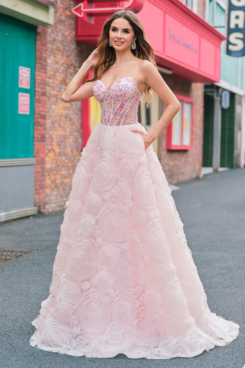 Sparkly Princess Pink Strapless Sequin Corset Floral Long Prom Dress With Pockets sold by Zapaka product image thumbnail 4