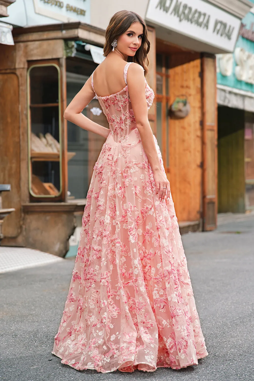 Pink Off The Shoulder A-Line Corset 3D Butterflies Floral Prom Dress with Slit sold by Zapaka product image thumbnail 2