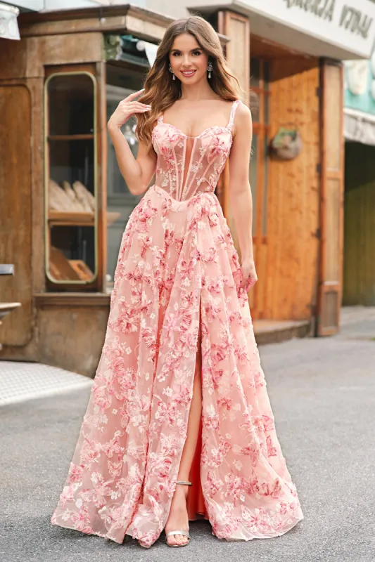 Pink Off The Shoulder A-Line Corset 3D Butterflies Floral Prom Dress with Slit sold by Zapaka