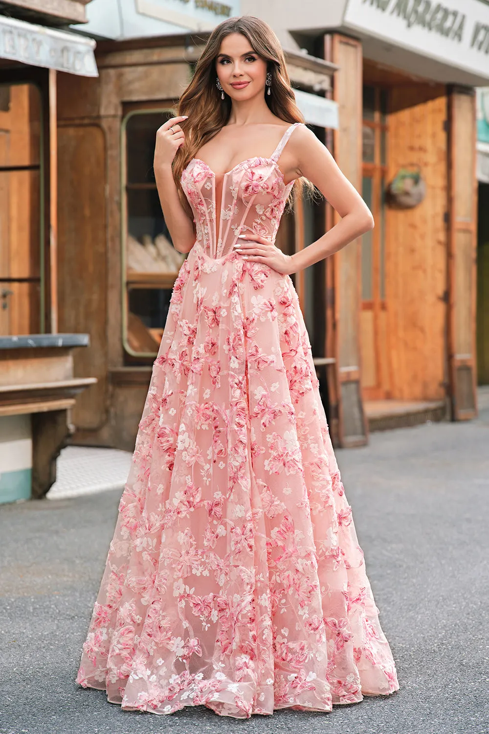 Pink Off The Shoulder A-Line Corset 3D Butterflies Floral Prom Dress with Slit sold by Zapaka product image thumbnail 5