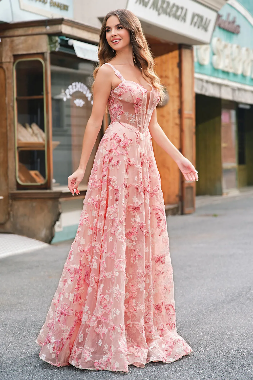 Pink Off The Shoulder A-Line Corset 3D Butterflies Floral Prom Dress with Slit sold by Zapaka product image thumbnail 3