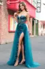 Peacock Blue Mermaid Streamer Strapless Corset Long Prom Dress with Slit sold by Zapaka