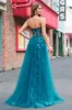 Peacock Blue Mermaid Streamer Strapless Corset Long Prom Dress with Slit sold by Zapaka