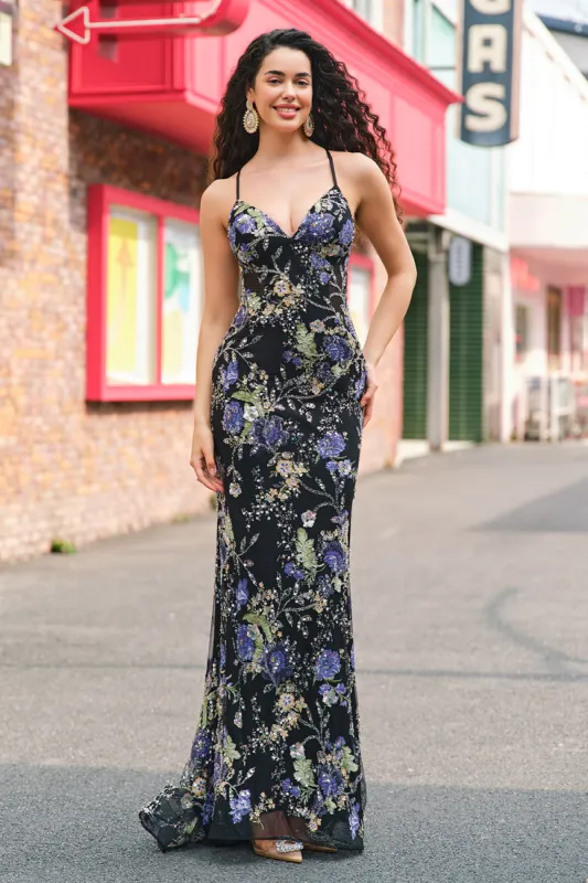 Sparkly Sequins Mermaid Spaghetti Straps Black Prom Dress with Appliques sold by Zapaka