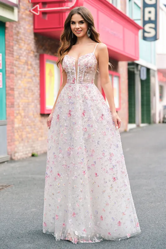 Stylish Pink A Line Spaghetti Straps Floral Beaded Prom Dress with Lace Up Back sold by Zapaka
