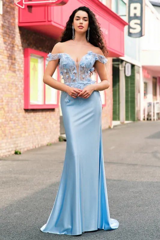 Sky Blue Off The Shoulder Mermaid Corset Floral Long Prom Dress with 3D Flowers sold by Zapaka