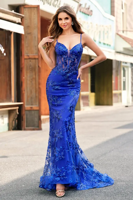 Sparkly Mermaid Royal Blue Spaghetti Straps Corset Sequin Long Prom Dress with Embroidery sold by Zapaka