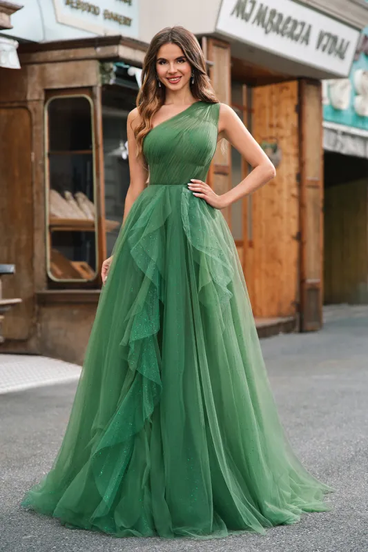 Dark Green Tulle A-Line One-Shoulder Long Prom Dress with Slit sold by Zapaka