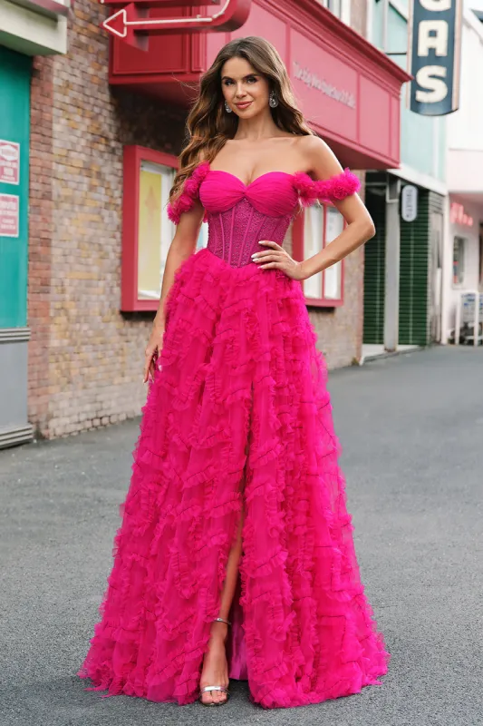 Fuchsia Tiered A-Line Off the Shoulder Long Corset Prom Dress with Beading sold by Zapaka