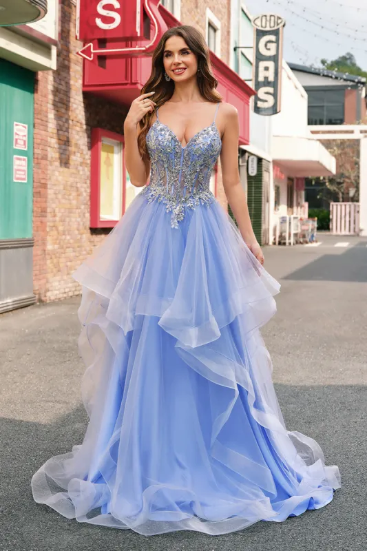 Sparkly Light Blue A Line Spaghetti Straps Spiral Ruffles Long Prom Dress with Sequins sold by Zapaka