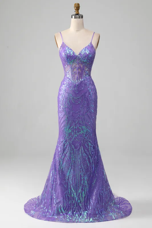 Mermaid Sparkly Purple Corset Prom Dress sold by Zapaka