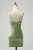 Glitter Sage Green Bodycon Sequin Corset Short Homecoming Dress with Slit sold by Zapaka