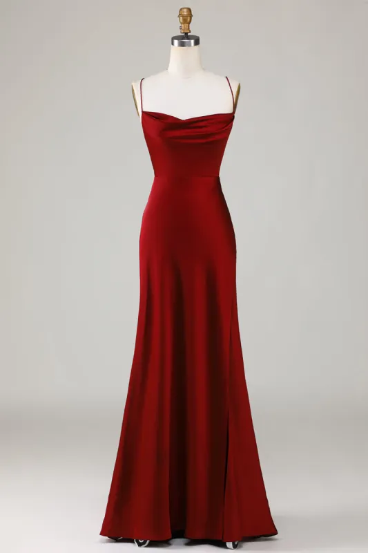 Lace-Up Back Burgundy Long Bridesmaid Dress with Slit sold by Zapaka