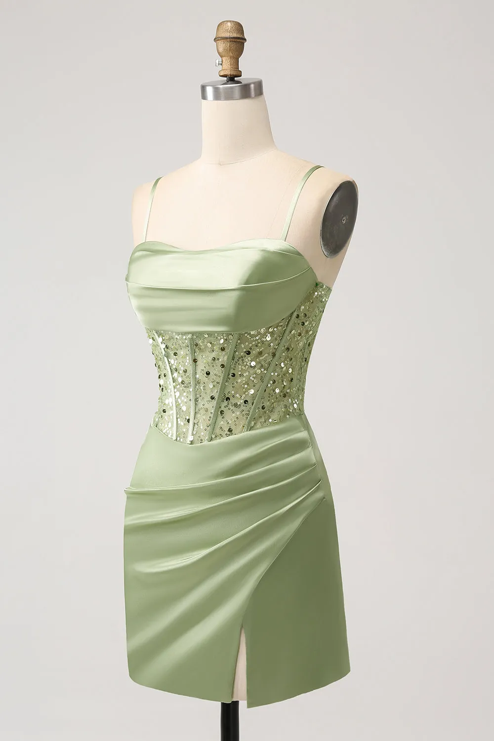 Glitter Sage Green Bodycon Sequin Corset Short Homecoming Dress with Slit sold by Zapaka product image thumbnail 3