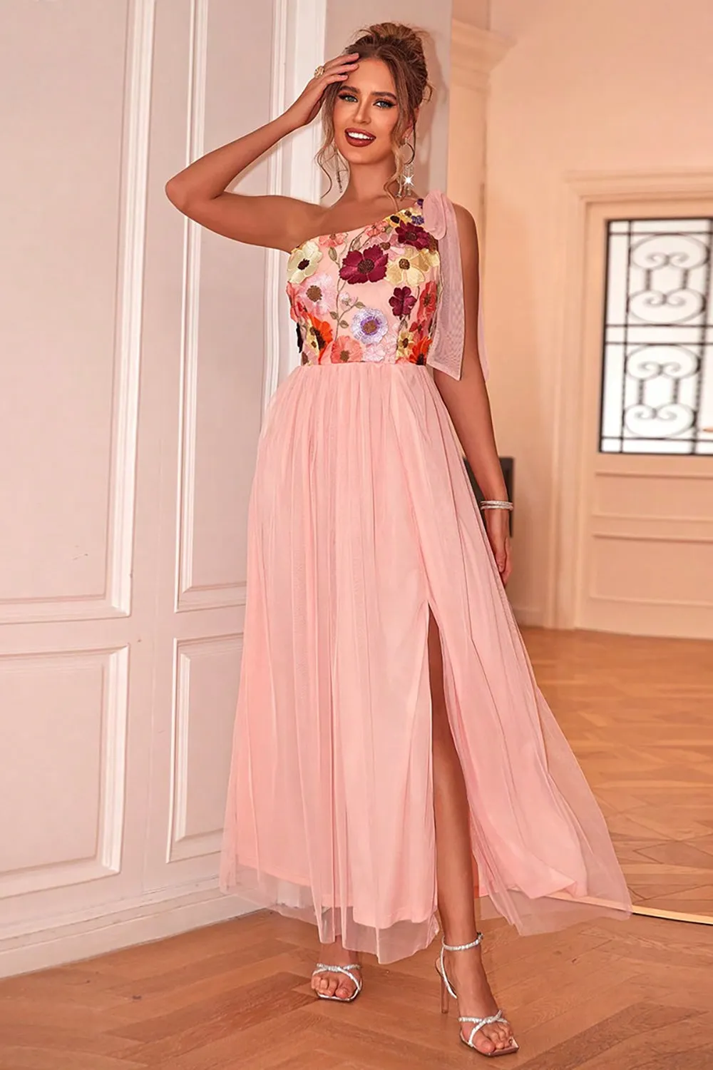 Blush Floral One Shoulder A-Line Tulle Tea Length Formal Dress sold by Zapaka