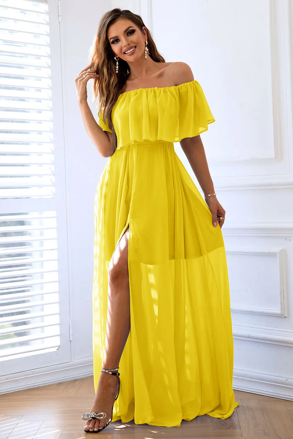 Yellow A-Line Off the Shoulder Ruffle Long Formal Dress with Slit sold by Zapaka product image thumbnail 3