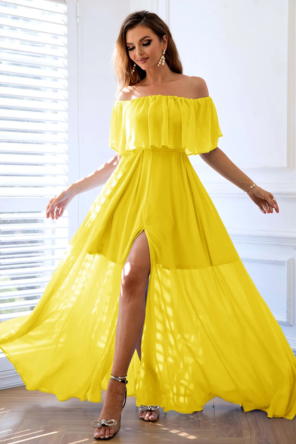 Yellow A-Line Off the Shoulder Ruffle Long Formal Dress with Slit sold by Zapaka product image thumbnail 4