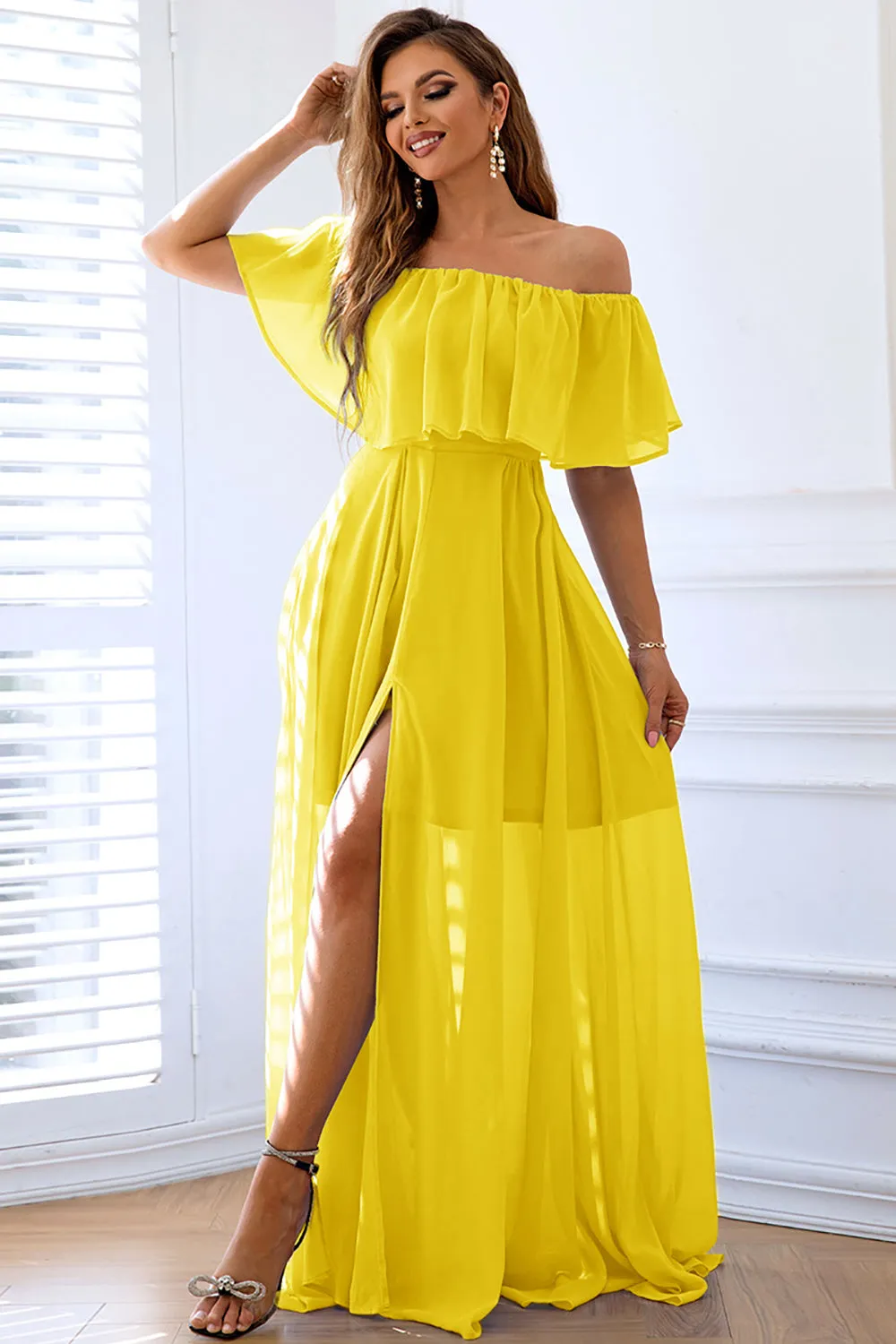 Yellow A-Line Off the Shoulder Ruffle Long Formal Dress with Slit sold by Zapaka