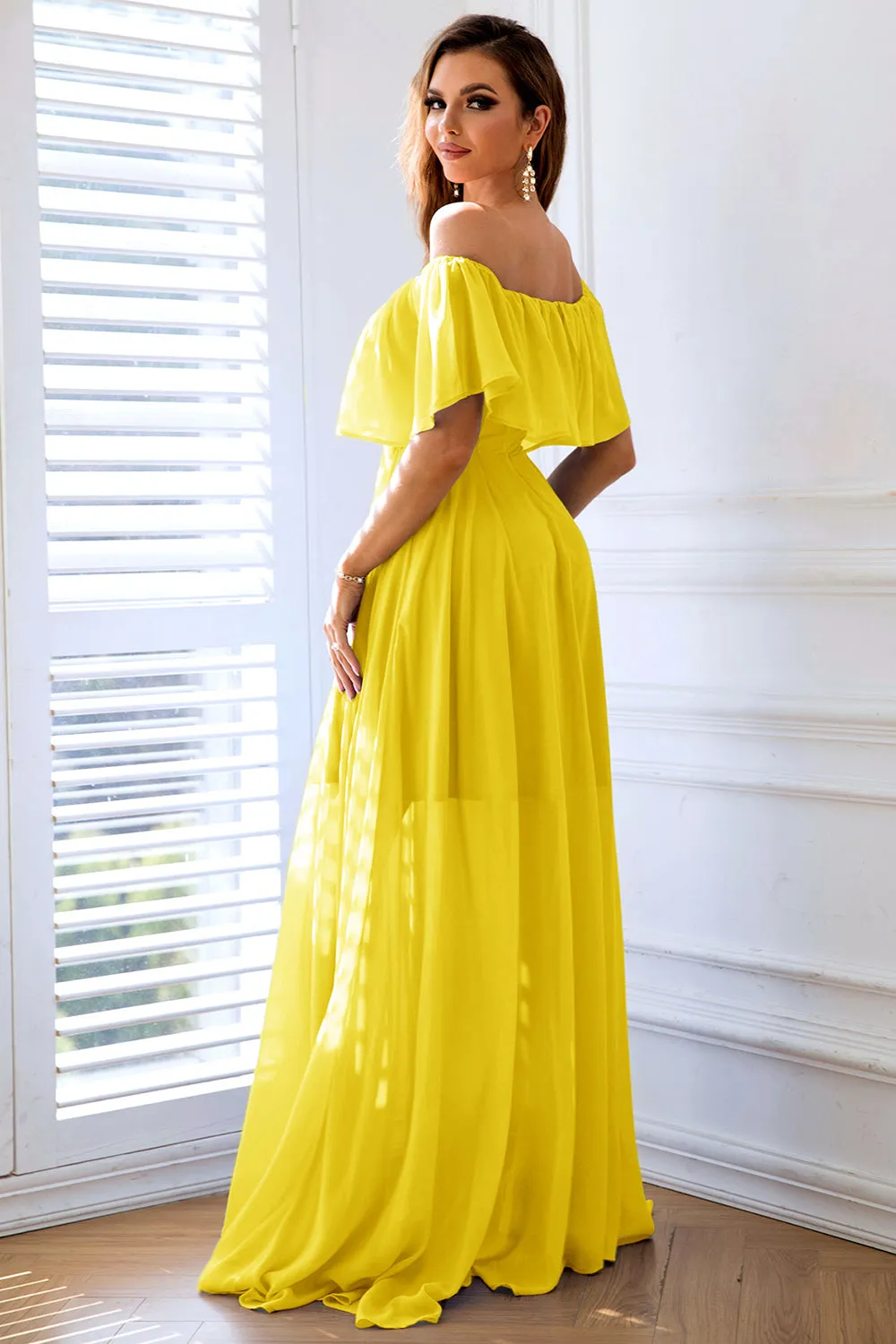 Yellow A-Line Off the Shoulder Ruffle Long Formal Dress with Slit sold by Zapaka product image thumbnail 2