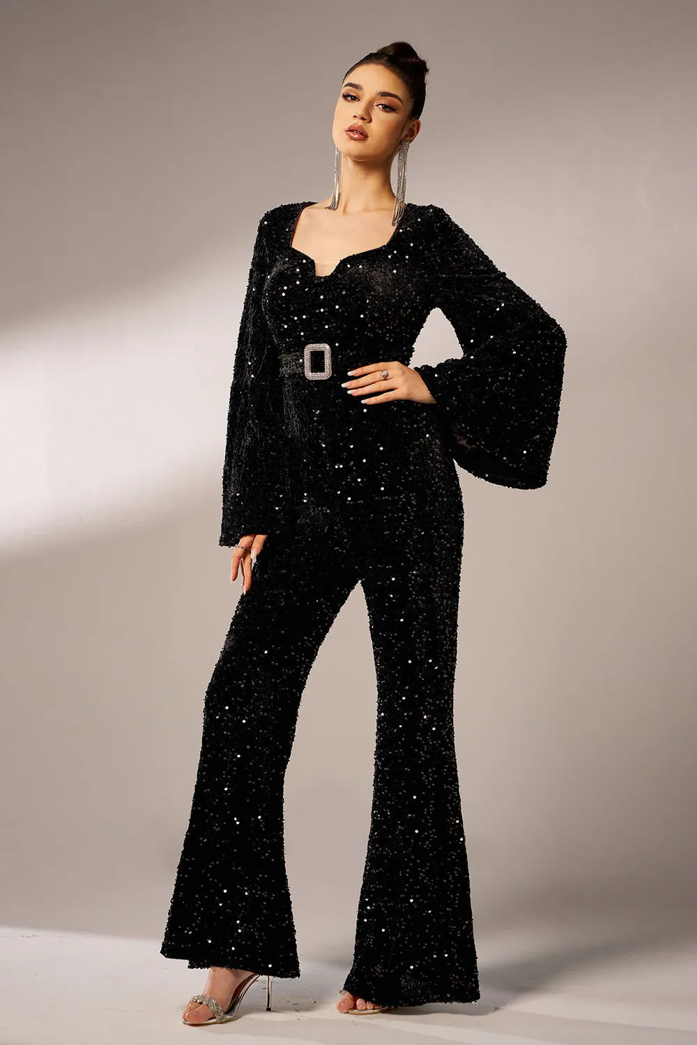 Black Sequin Long Sleeves Jumpsuit with Belt sold by Zapaka product image thumbnail 3