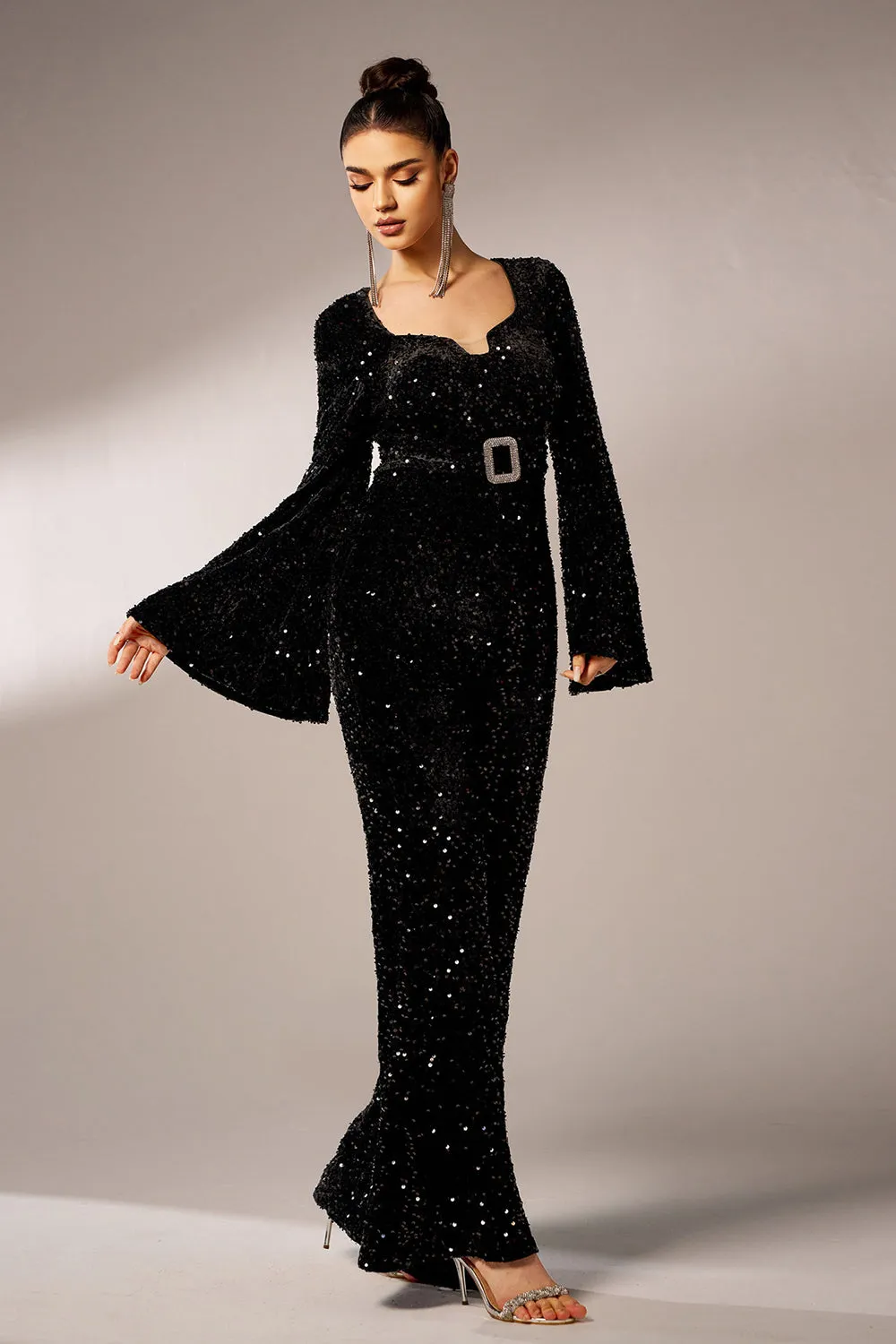 Black Sequin Long Sleeves Jumpsuit with Belt sold by Zapaka product image thumbnail 4