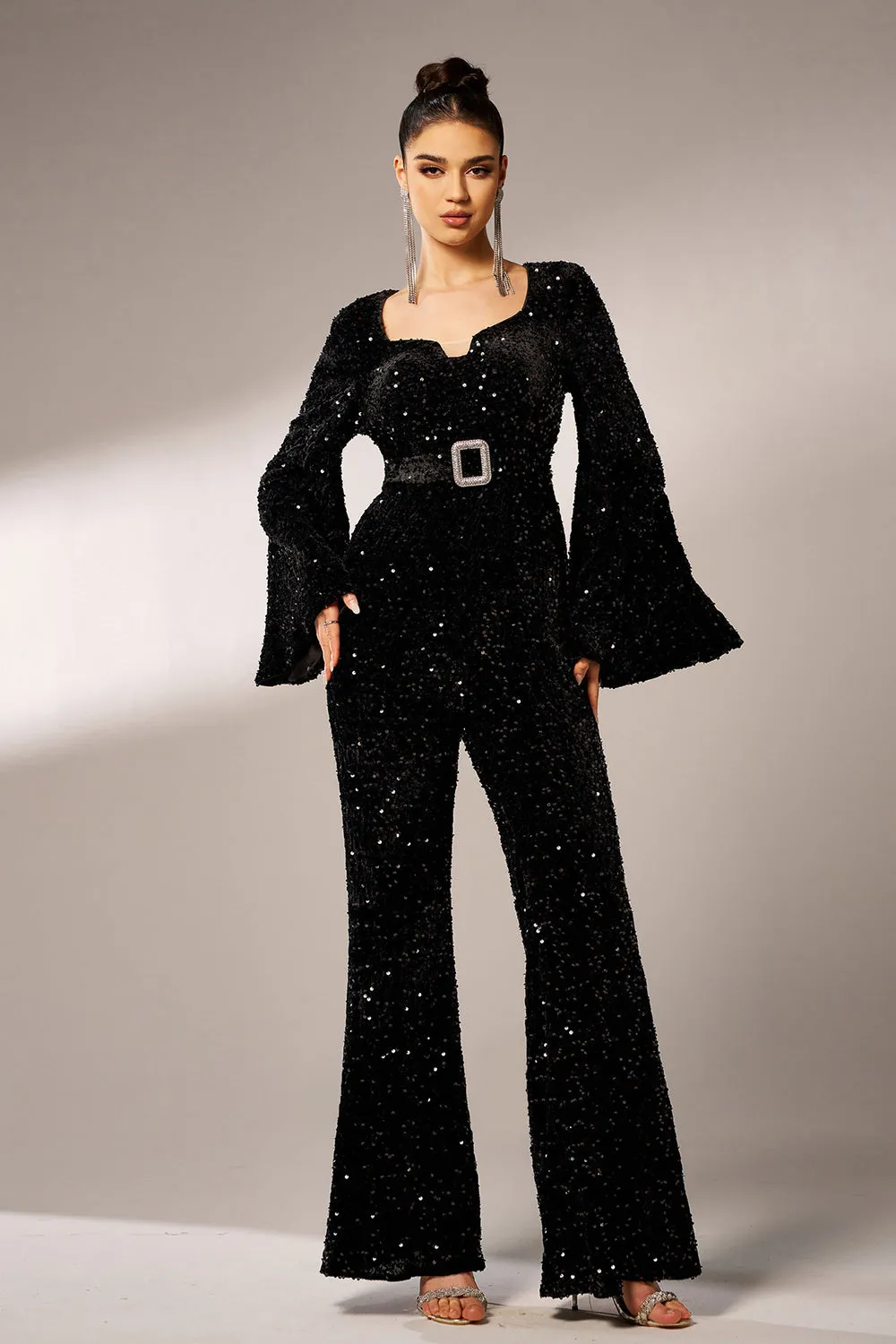 Black Sequin Long Sleeves Jumpsuit with Belt sold by Zapaka