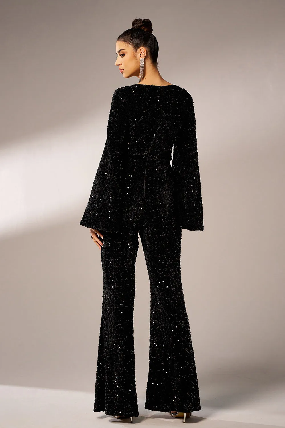 Black Sequin Long Sleeves Jumpsuit with Belt sold by Zapaka product image thumbnail 2