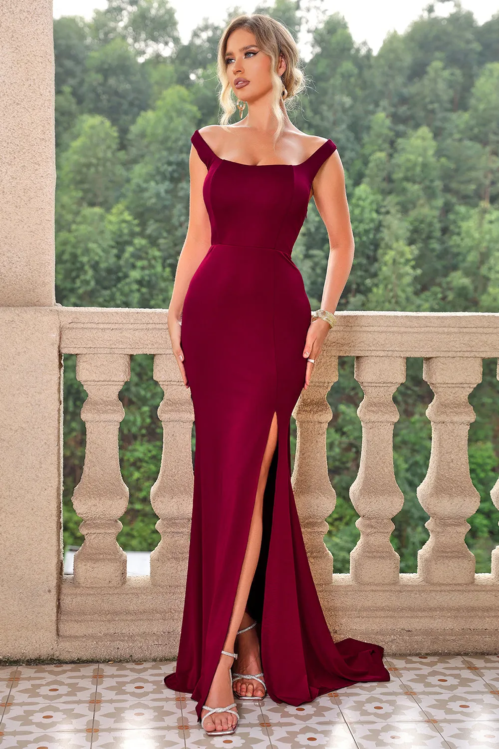 Burgundy Mermaid Off the Shoulder Lace-Up Long Formal Dress with Slit sold by Zapaka product image thumbnail 4